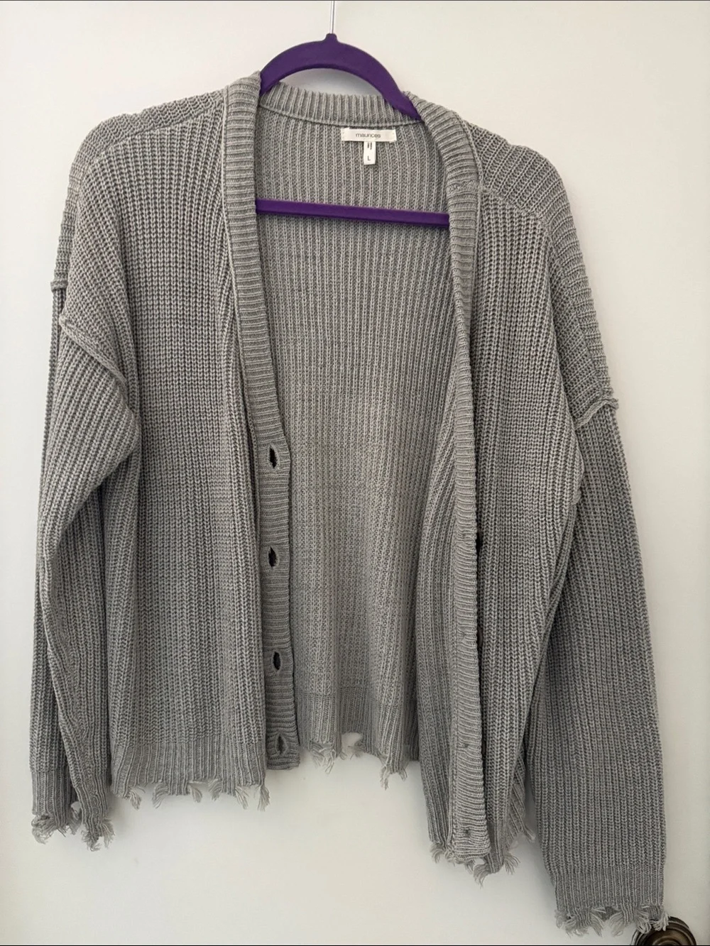 Maurices Light Gray Distressed Open-Front Cardigan